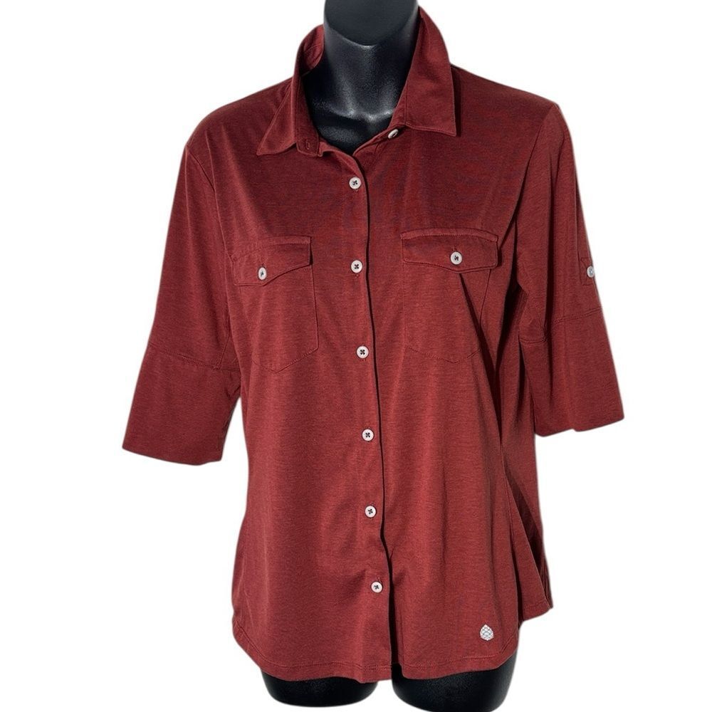 Stio women’s medium divide button up shirt rust roll tab sleeve casual